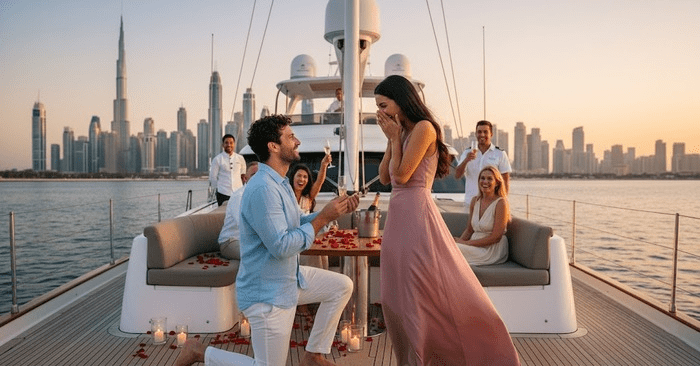 Marriage proposal with a view of the Burj Khalifa / Photo via Perfect Venue