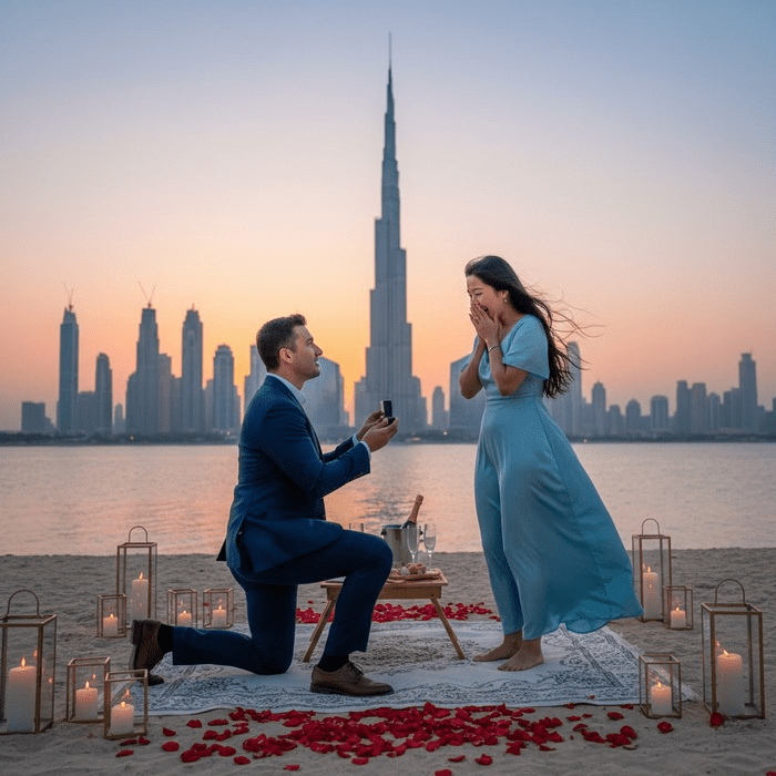 Marriage proposal with a view of the Burj Khalifa / Photo via Perfect Venue