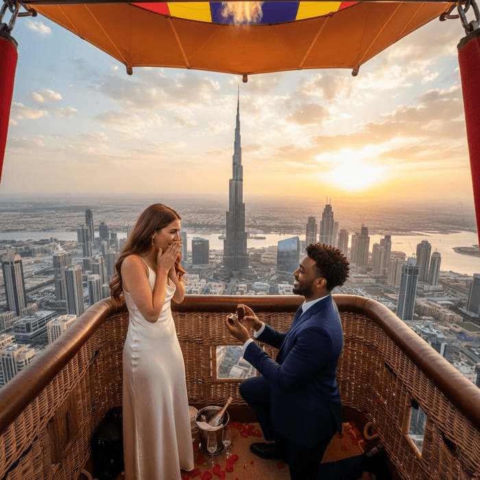 Marriage proposal with a view of the Burj Khalifa / Photo via Perfect Venue