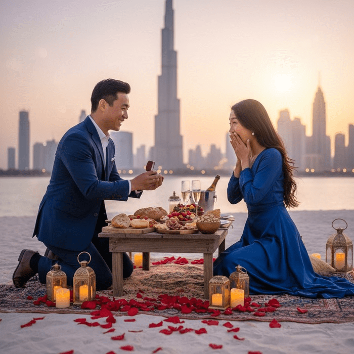 Marriage proposal with a view of the Burj Khalifa / Photo via Perfect Venue