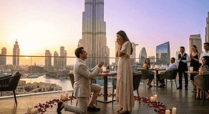 Marriage proposal with a view of the Burj Khalifa / Photo via Perfect Venue